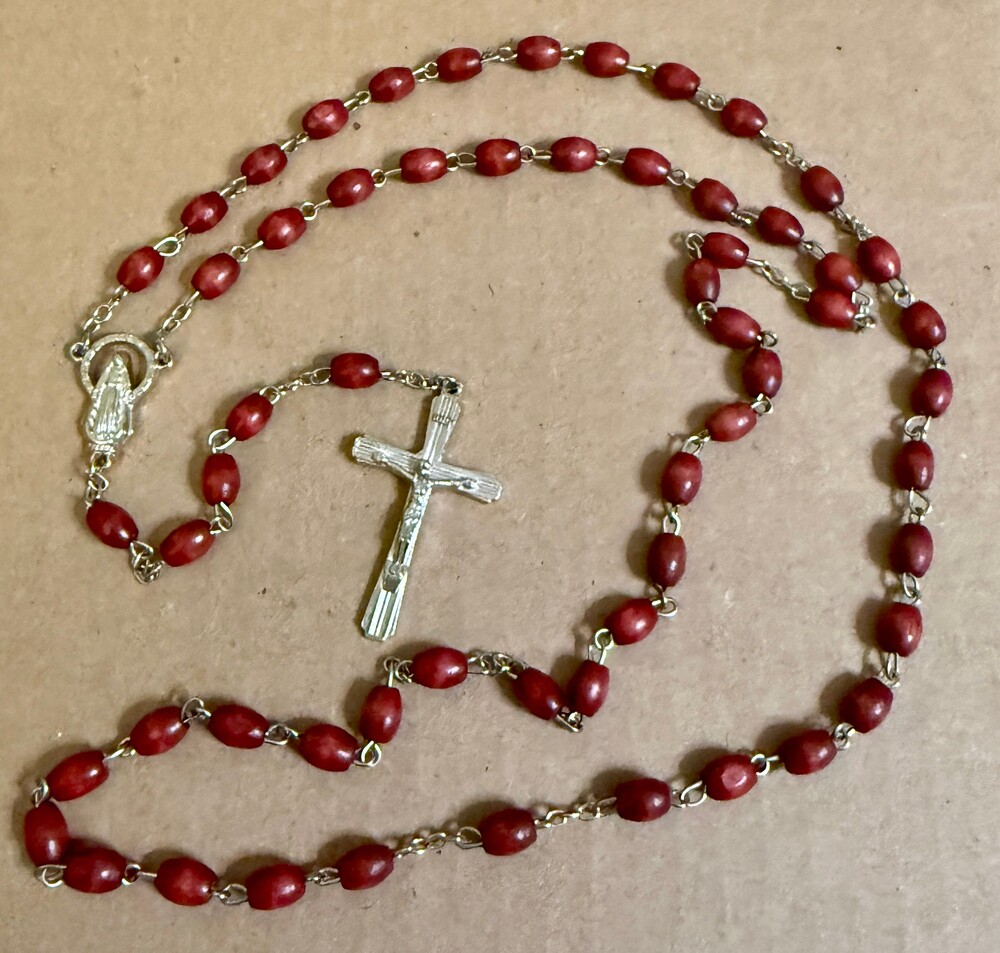 Vintage Red Wood Bead Catholic Rosary Silver Tone Crucifix Virgin Mary 22in